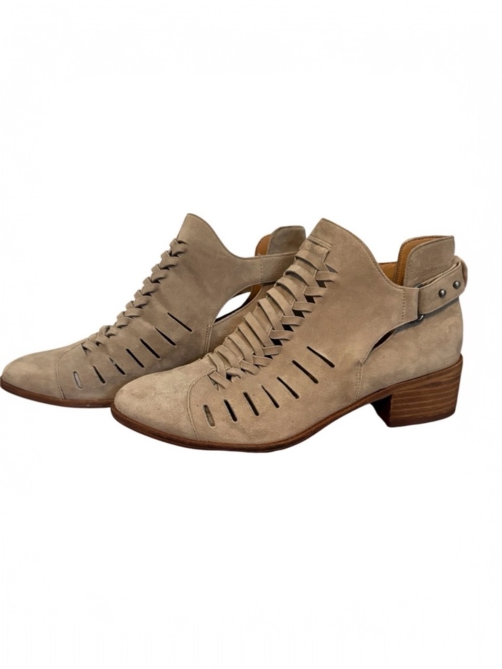Sam Edelman Pierson Taupe Suede Woven Cutout Western Ankle Boots Size 6.5